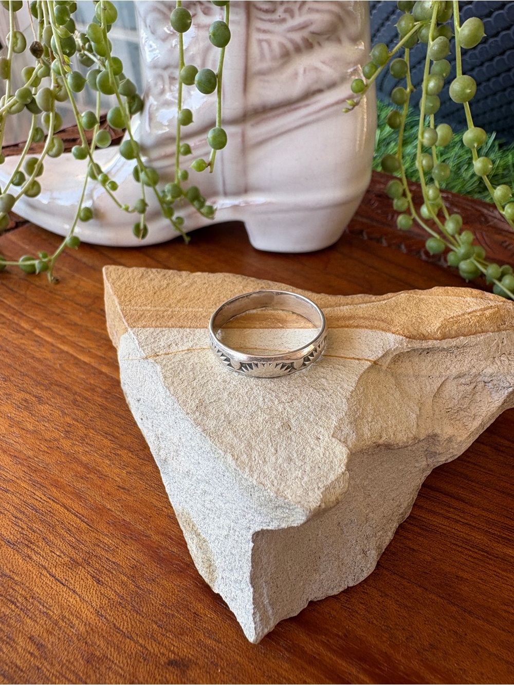Hand Stamped Sterling Silver Southwestern Band Ring Size 8